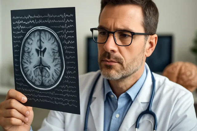 Medic neurolog studiind o tomografie cerebrală.